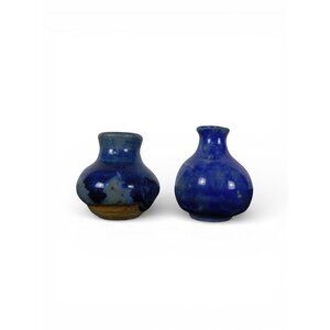 Vintage Studio Pottery Blue Glaze Mini Vases Signed Artisan Pair